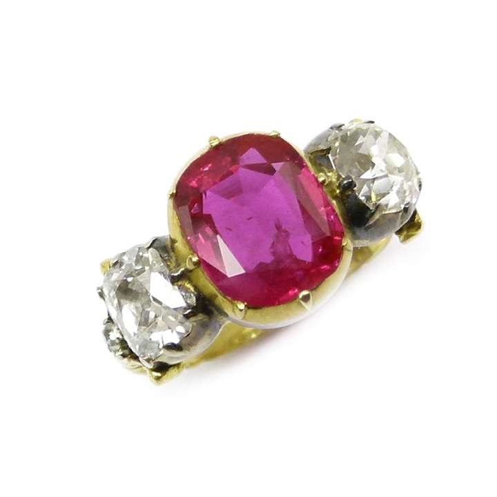 19th century three stone Burma ruby and diamond ring, centred by a 2.37ct cushion cut ruby